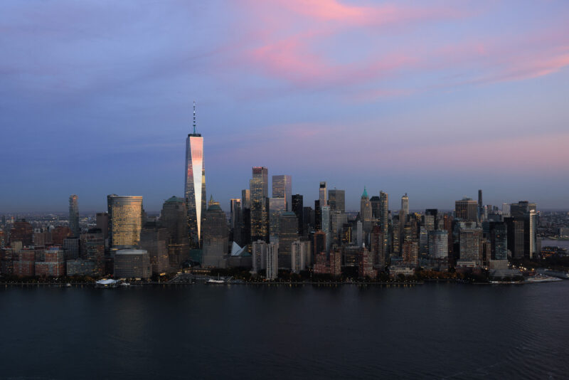 Lower Manhattan, NYC Skyline sunset reflection