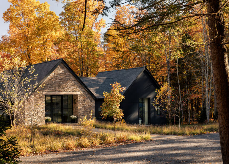Exterior architecture of a modern home with black wood siding located in the Poconos.