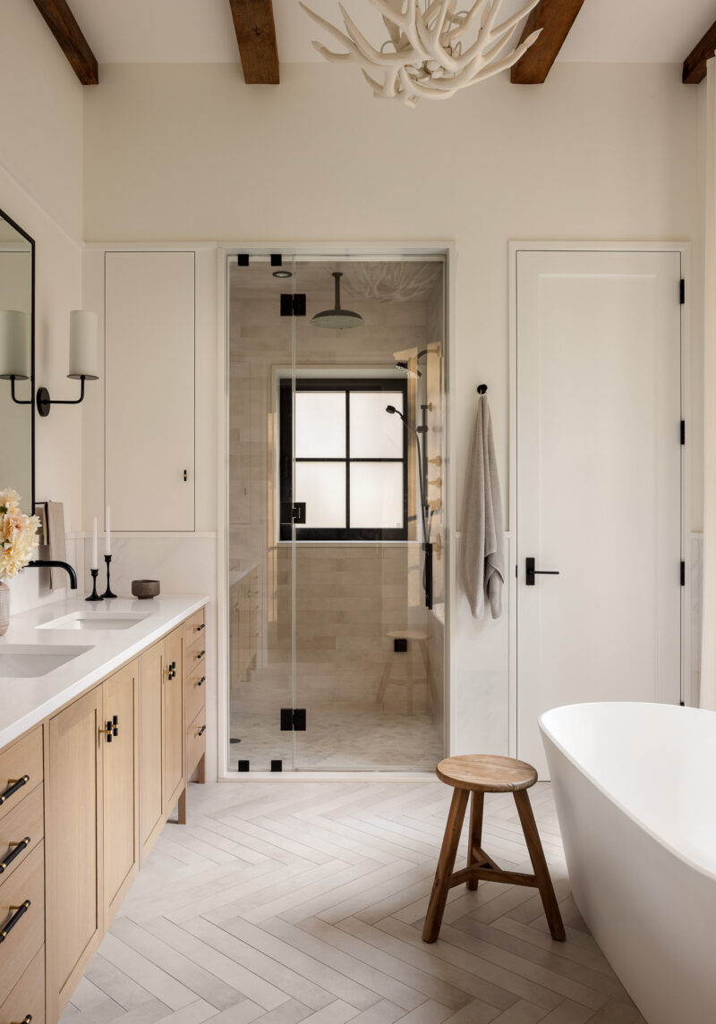 Interior design of a modern bathroom located in the Poconos.