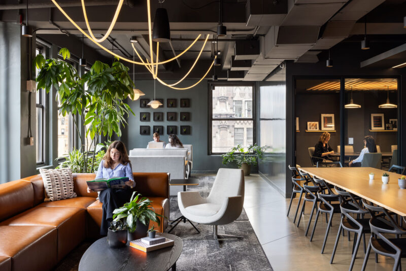 Interior design of a corporate office highlighting a lounge area in New York City.