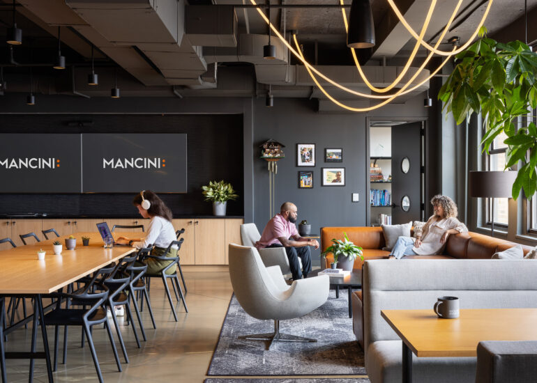 Interior design of a corporate office highlighting a lounge area in New York City.
