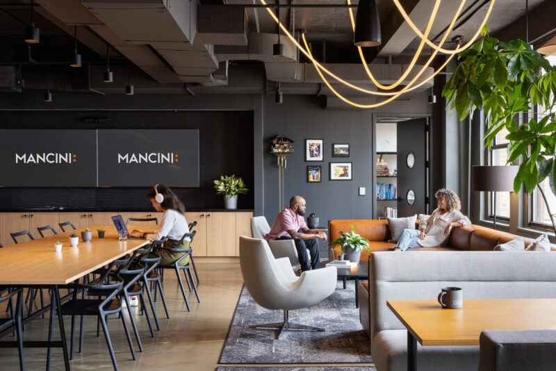 Interior design of a corporate office highlighting a lounge area in New York City.