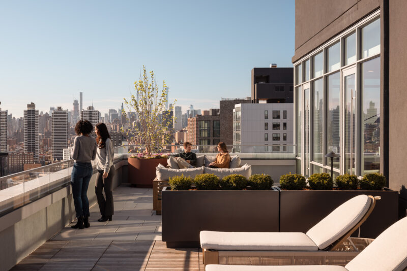 Architecture highlighting the rooftop terrace at the The Motto High-Rise, Bronx NY