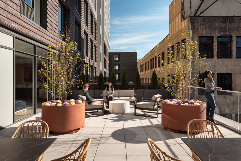 Architecture highlighting the terrace at the The Motto High-Rise, Bronx NY