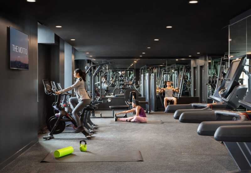 Architecture highlighting the gym at the The Motto High-Rise, Bronx NY