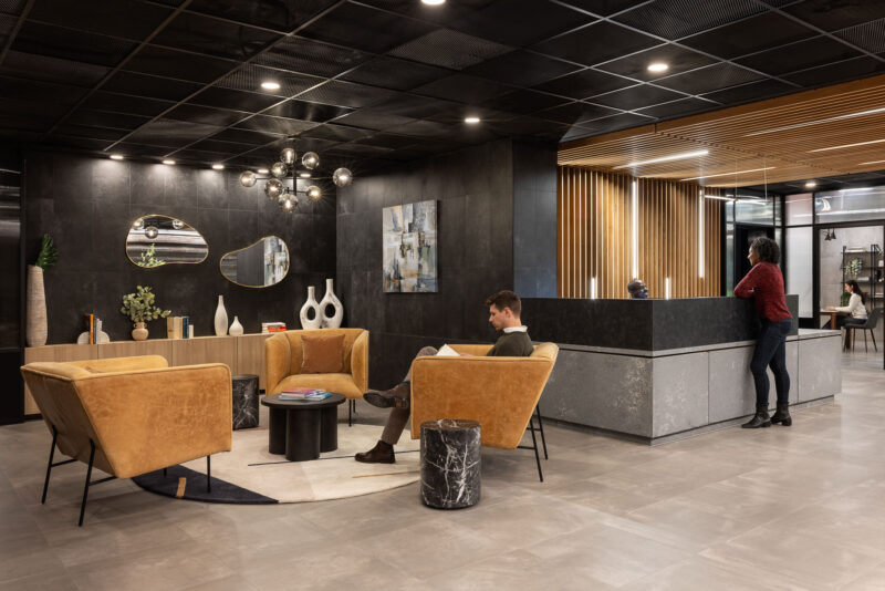 Architecture highlighting the reception area at the The Motto High-Rise, Bronx NY