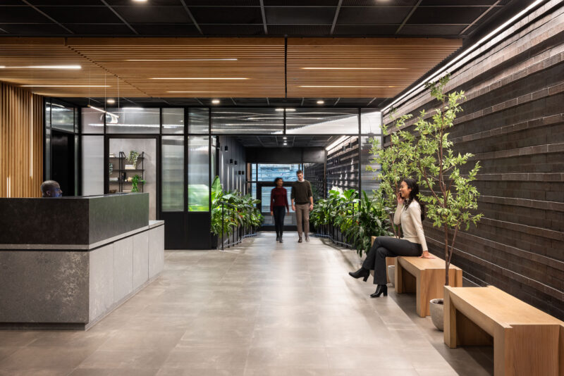 Architecture highlighting the reception desk at the The Motto High-Rise, Bronx NY