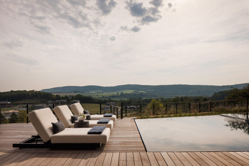 Hudson Valley NY home exterior pool with scenic view, architecture photography