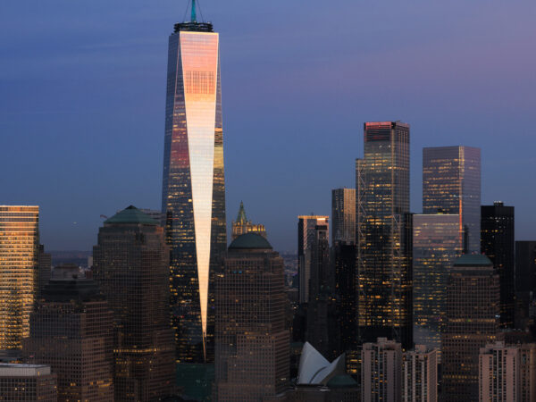 One World Trade Center, NYC sunset reflection