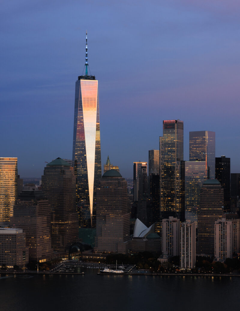 One World Trade Center, NYC sunset reflection