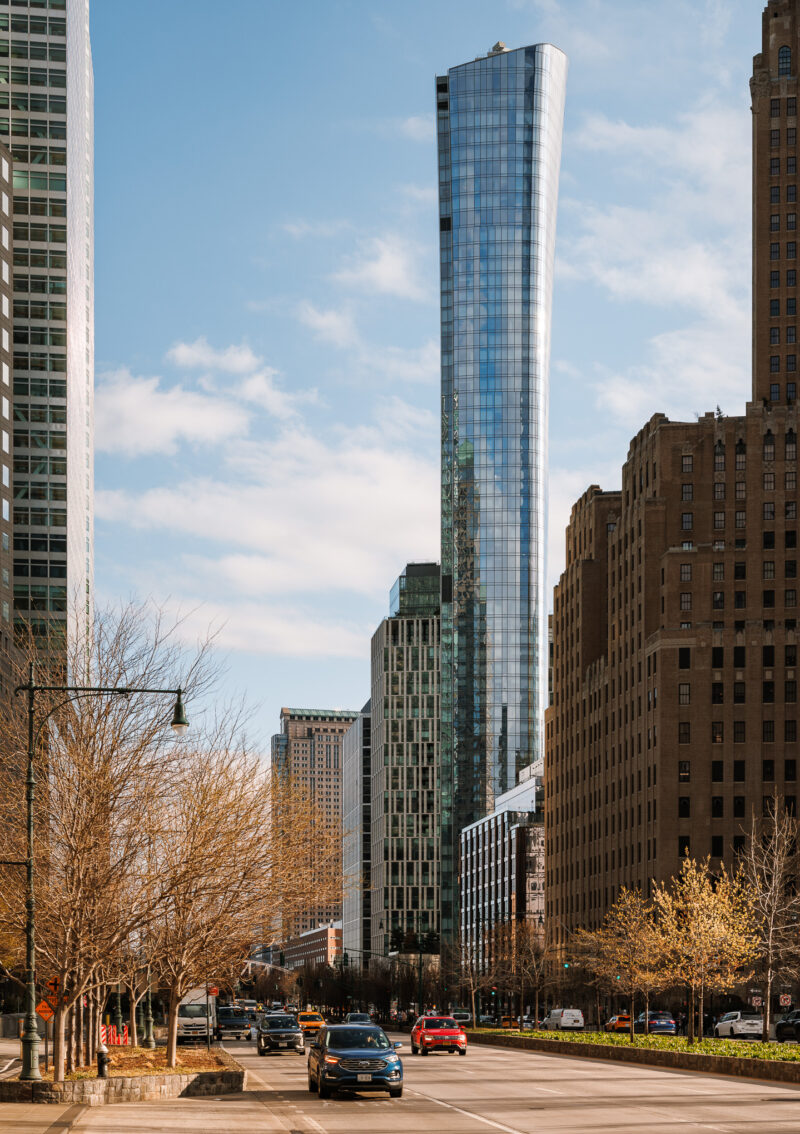 Exterior architectural photo of the design of 111 Murray Street building in NYC.