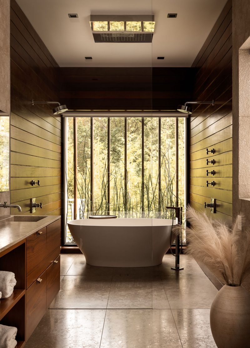 Bathroom design with wood cladding in a custom home located in Ocean New Jersey.