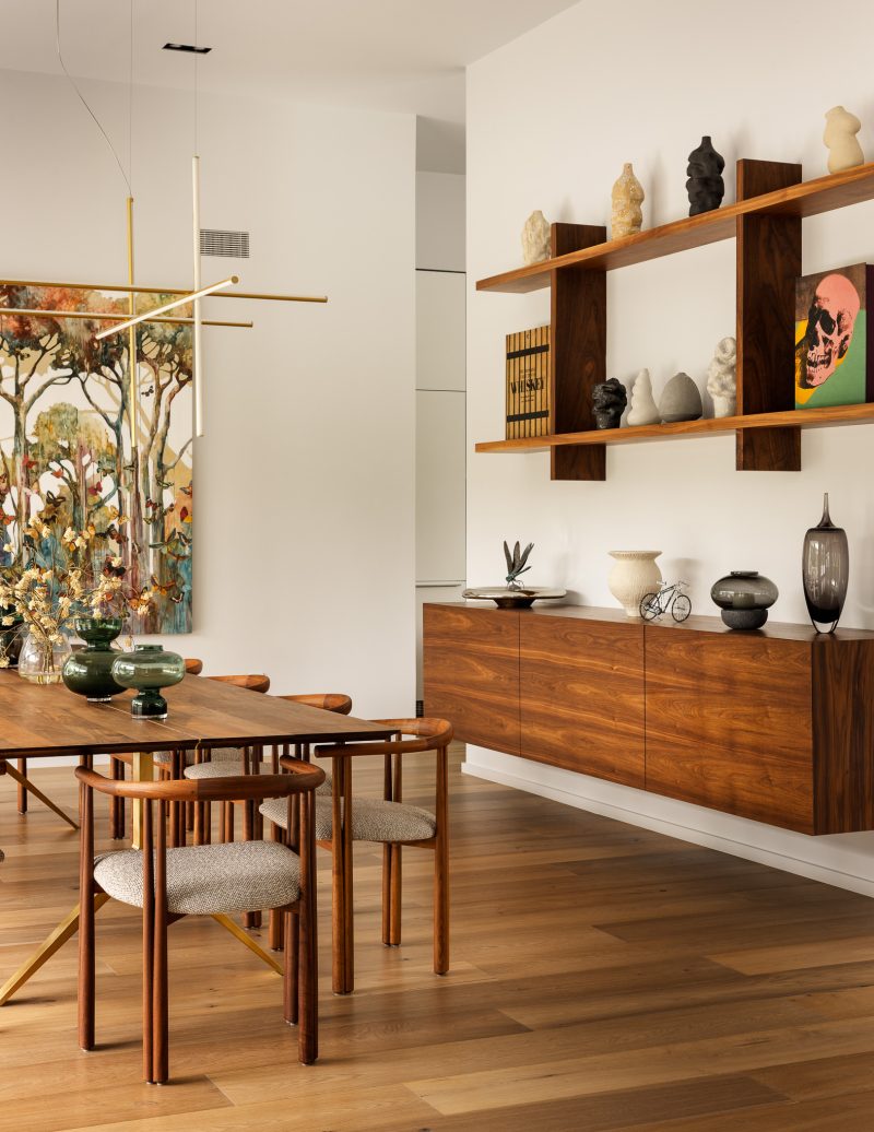 Dining room design with large built-in shelving in a custom home located in Ocean New Jersey.
