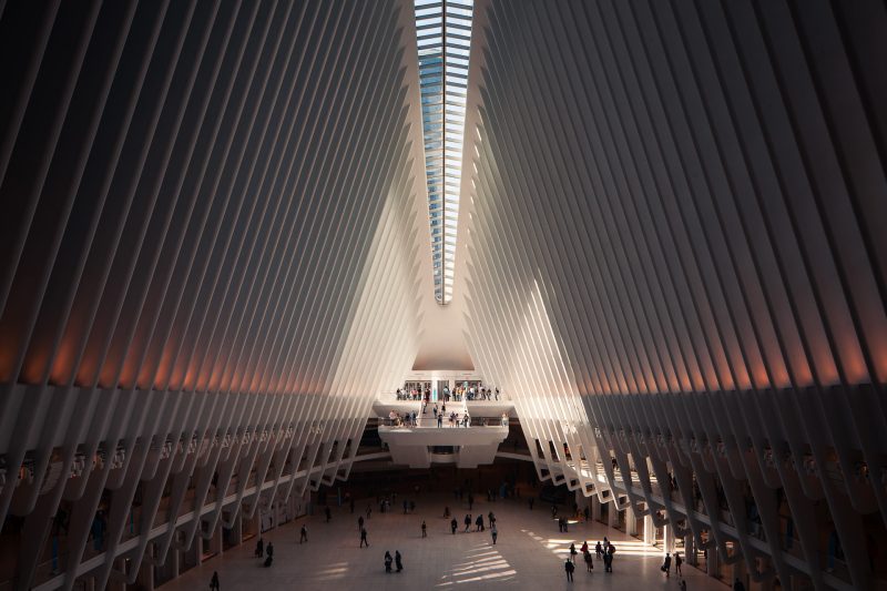 Oculus transportation hub, World Trade Center, NYC captured in dramatic lighting