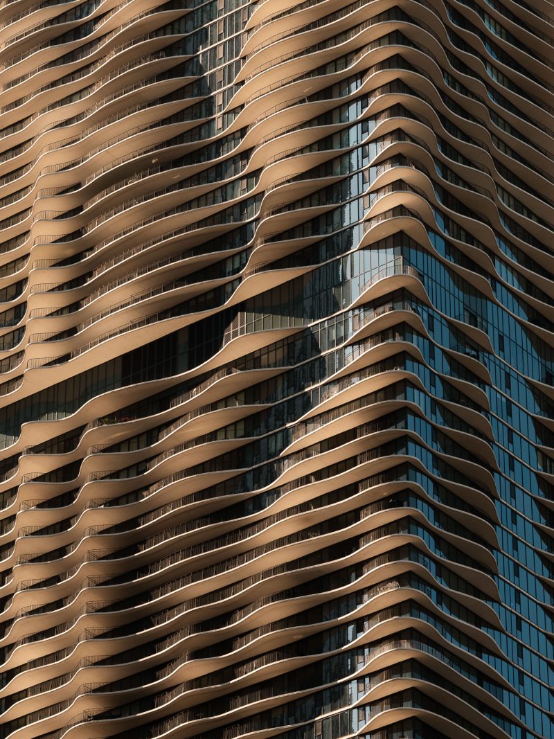 Exterior architectural detail of the Aqua Tower, in Chicago Illinois.