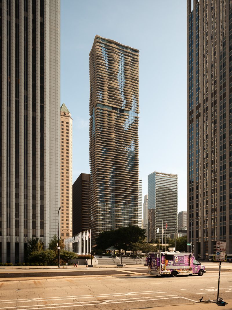 Exterior architecture of the Aqua Tower, in Chicago Illinois.